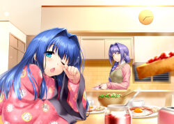Rule 34 | 2girls, ^ ^, animal print, apron, aqua eyes, arm support, blue hair, blurry, blush, bread slice, breakfast, brown apron, cat print, chestnut mouth, clock, closed eyes, cup, day, depth of field, drooling, eyelashes, facing viewer, food, fried egg, hair between eyes, hair intakes, hand up, highres, indoors, jam, kanon, leaning forward, long hair, long sleeves, looking at viewer, messy hair, minase akiko, minase nayuki, morning, mother and daughter, mouth drool, multiple girls, non-web source, one eye closed, open mouth, pajamas, paw print, pink pajamas, pink sweater, purple hair, rubbing eyes, salad, sitting, sleepy, smile, standing, steam, straight hair, sweater, table, toast, wide sleeves, zen (kamuro)