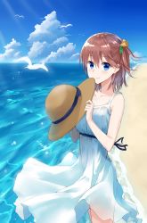 Rule 34 | 1girl, beach, bird, blue eyes, blue sky, blush, brown hair, closed mouth, clothes lift, cloud, cloudy sky, day, dove, dress, dress lift, hair between eyes, hands up, hat, highres, holding, holding clothes, holding hat, kooan, looking at viewer, ocean, one side up, original, outdoors, sky, smile, solo, standing, straw hat, sundress, unworn hat, unworn headwear, white dress, wind, wind lift