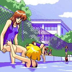Rule 34 | 1990s (style), 5 jikanme no venus, 6+girls, blonde hair, blue sky, brown hair, chain-link fence, cloud, day, dithering, fairy dust, fence, game cg, lowres, multiple girls, outdoors, partially submerged, pc98, pixel art, pool, retro artstyle, school, school swimsuit, sky, soaking feet, swimsuit, tagme