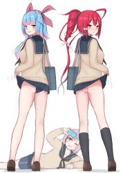 Rule 34 | 3girls, alternate costume, aoba (kancolle), ass, bag, bare legs, black socks, blue hair, blue sailor collar, blue skirt, blurry, blurry background, blush, breasts, brown footwear, cardigan, cellphone, clothes lift, fang, from behind, full body, hair ribbon, highres, i-168 (kancolle), i-19 (kancolle), kantai collection, kneehighs, lifted by self, long hair, long sleeves, looking at viewer, looking back, multiple girls, one eye closed, open mouth, panties, phone, pink hair, pink panties, ponytail, red eyes, red hair, ribbon, sailor collar, school bag, school swimsuit, school uniform, serafuku, shoes, shoulder bag, simple background, skirt, skirt lift, smile, socks, standing, star-shaped pupils, star (symbol), sweater, swimsuit, swimsuit under clothes, symbol-shaped pupils, taking picture, tiemu (man190), underwear, white background