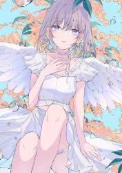 Rule 34 | 1girl, blue eyes, blue hair, blush, bob cut, choppy bangs, colored inner hair, dutch angle, feathered wings, feet out of frame, grey hair, hair between eyes, hand on own chest, highres, knee up, legs together, long bangs, looking at viewer, low-cut, medium hair, miniskirt, motimoti067, multicolored hair, neck ribbon, original, parted lips, ribbon, shirt, short sleeves, skirt, solo, thigh strap, water drop, white shirt, white skirt, white wings, wings