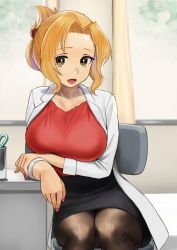 Rule 34 | 1girl, blonde hair, breasts, brown eyes, chair, commentary request, contemporary, cup, folded ponytail, hair intakes, hair ornament, hairclip, highres, indoors, infirmary, izawa (bhive003), kono subarashii sekai ni shukufuku wo!, lab coat, large breasts, leaning on table, looking at viewer, luna (konosuba), nail polish, open mouth, pantyhose, red shirt, school, school nurse, scissors, shirt, sitting, skirt, smile, solo, table