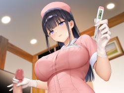 Rule 34 | 1boy, 1girl, black hair, blurry, blurry background, breasts, censored, depth of field, expressionless, from below, gloved handjob, gloves, handjob, hat, hetero, highres, holding, holding thermometer, indoors, large breasts, latex, latex gloves, long hair, looking at viewer, mosaic censoring, non-web source, nurse, nurse cap, original, pov, purple eyes, re:shimashima, short sleeves, solo focus, thermometer