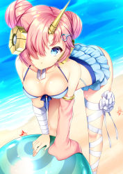 Rule 34 | 1girl, agekichi (heart shape), arched back, ass, bad id, bad pixiv id, ball, bandaged arm, bandages, beach, beachball, bikini, blue bikini, blue eyes, breasts, chestnut mouth, cleavage, collarbone, commentary request, cowboy shot, detached sleeves, double bun, fate (series), frankenstein&#039;s monster (fate), frankenstein&#039;s monster (swimsuit saber) (second ascension) (fate), hair bun, hair ornament, hair over eyes, hair over one eye, headgear, heterochromia, horns, leaning forward, leaning on object, looking at viewer, medium breasts, outdoors, pink hair, sand, single detached sleeve, single horn, solo, standing, swimsuit, water