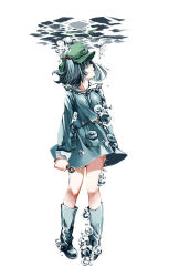 Rule 34 | 1girl, blue eyes, blue hair, boots, bubble, female focus, hair bobbles, hair ornament, hat, kawashiro nitori, matching hair/eyes, midriff, pocket, shimesabo., shirt, short hair, skirt, skirt set, solo, touhou, twintails, two side up, tyouryou, underwater, wrench