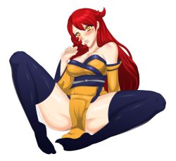 Rule 34 | 1girl, bare shoulders, blush, breasts, cameltoe, female focus, hikaru fumi, japanese clothes, kimono, large breasts, long hair, looking at viewer, lying, off shoulder, parted lips, poppezinga, red hair, simple background, socks, solo, spread legs, white background, yellow eyes
