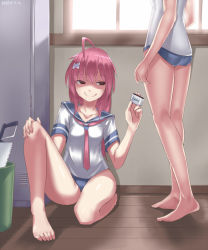 Rule 34 | 10s, 2015, 2girls, ahoge, barefoot, black eyes, closed mouth, commentary request, dated, empty eyes, hand saw, i-168 (kancolle), i-58 (kancolle), indoors, kantai collection, multiple girls, one-piece swimsuit, ponytail, red hair, saw, school swimsuit, school uniform, serafuku, silver bell (artist), sitting, smile, standing, swimsuit, swimsuit under clothes, window