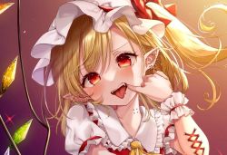 Rule 34 | 1girl, ascot, blonde hair, blush, bow, corset piercing, crystal, ear piercing, fangs, flandre scarlet, frilled shirt collar, frills, gradient background, hair behind ear, hat, hat bow, hat ribbon, head tilt, jewelry, looking at viewer, mob cap, mouth pull, one side up, open mouth, piercing, pointy ears, puffy short sleeves, puffy sleeves, purple background, red eyes, red ribbon, red vest, ribbon, shanghai bisu, shirt, short sleeves, sidelighting, simple background, solo, tongue, tongue out, tongue piercing, touhou, upper body, vest, white shirt, wings, wrist cuffs