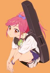 Rule 34 | 1girl, aikatsu!, aikatsu! (series), blue skirt, bow, from above, full body, guitar case, hair bow, headphones, headphones around neck, high ponytail, highres, instrument case, long hair, looking at viewer, orange background, orange eyes, otoshiro seira, own hands clasped, own hands together, pink hair, purple bow, semham, shirt, shoes, short sleeves, sidelocks, simple background, skirt, sneakers, squatting, white footwear, white shirt, wristband