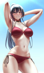 Rule 34 | 1girl, absurdres, armpits, arms behind head, arms up, bikini, black hair, breasts, cleavage, commentary request, highres, idolmaster, idolmaster shiny colors, light rays, long hair, looking at viewer, medium breasts, multi-strapped bikini, navel, outdoors, ponytail, red bikini, shirase sakuya, side-tie bikini bottom, smile, solo, sunlight, suwa763, swimsuit, very long hair