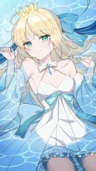 Rule 34 | 1girl, absurdres, ahoge, artoria caster (fate), artoria caster (swimsuit) (fate), artoria pendragon (fate), bare shoulders, blonde hair, blush, bow, breasts, collarbone, detached sleeves, dress swimsuit, facial mark, fate/grand order, fate (series), forehead mark, green eyes, hair bow, highres, long hair, looking at viewer, lying, mati5572, on back, one-piece swimsuit, small breasts, smile, solo, swimsuit, thighs, very long hair, water, white one-piece swimsuit, wide sleeves