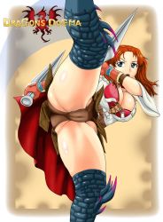 Rule 34 | 1girl, blue eyes, breasts, cameltoe, corset, dagger, dragon&#039;s dogma, dragon&#039;s dogma (series), dual wielding, fighting stance, gloves, high kick, highres, holding, huge breasts, kicking, knife, nukunuku orange, panties, pantyshot, red hair, showgirl skirt, solo, spikes, thick thighs, thighhighs, thighs, twintails, underwear, upskirt, weapon