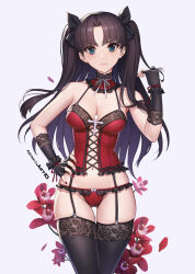 Rule 34 | 1girl, black garter straps, black gloves, black hair, black thighhighs, blue eyes, bow, breasts, cleavage, closed mouth, corset, cross, detached collar, fate/stay night, fate (series), fingerless gloves, garter straps, gloves, gluteal fold, groin, hair bow, hand on own hip, jurrig, light frown, lingerie, long hair, medium breasts, nail polish, navel, panties, panties over garter belt, red corset, red nails, red panties, skindentation, solo, thighhighs, thighs, tohsaka rin, two side up, underwear, v-shaped eyebrows, very long hair