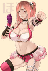 Rule 34 | 1girl, alternate costume, arm guards, armband, armpits, breasts, butcha-u, cleavage, clenched hand, cropped legs, dead or alive, dead or alive 6, frilled armband, frilled shorts, frills, gloves, gluteal fold, hair ornament, highres, honoka (doa), large breasts, medium hair, navel, outstretched arm, pink hair, purple gloves, shiny skin, short shorts, shorts, side ponytail, simple background, single glove, smile, solo, stomach, thighhighs
