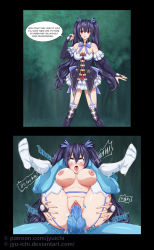 Rule 34 | 1girl, 2koma, black hair, breasts, choujigen game neptune, clothed sex, comic, deep penetration, dogoo, dogoo man, english text, feet, garter belt, garter straps, highres, instant loss, jyu ichi, long hair, medium breasts, neptune (series), nipples, noire (neptunia), open mouth, penis, pussy, red eyes, reverse suspended congress, rolling eyes, sex, sex from behind, speech bubble, spread legs, spread pussy, thighhighs, twintails, uncensored, vaginal, watermark, web address, white thighhighs