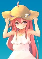 Rule 34 | 1girl, ahoge, blue sky, blush, centi mnkt, closed mouth, cloud, crescent, crescent necklace, dress, flower, hair between eyes, hair through headwear, hat, highres, jewelry, kantai collection, long hair, looking to the side, necklace, outdoors, pink eyes, red hair, sky, sleeveless, sleeveless dress, smile, solo, straw hat, sundress, uzuki (kancolle), white dress