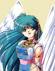 Rule 34 | 1990s (style), 1girl, arm strap, bad link, blue eyes, can can bunny, earrings, feathered wings, green hair, hair ornament, highres, jewelry, long hair, official art, open mouth, retro artstyle, scan, simple background, solo, swatty (can can bunny), white wings, wings