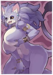 Rule 34 | 1girl, alternate form, animal ears, armlet, black sclera, bracelet, breast lift, breasts, cat ears, cat girl, cat tail, colored sclera, curvy, dangan, earrings, covered erect nipples, fangs, furry, highres, isabella (seiken densetsu 3), jewelry, large breasts, looking at viewer, navel, no nipples, no pussy, nude, open mouth, purple fur, purple hair, ring, seiken densetsu, seiken densetsu 3, slit pupils, tail, wide hips, yellow sclera
