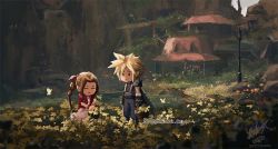 Rule 34 | 1boy, 1girl, aerith gainsborough, basket, bettykwong, blonde hair, brown hair, bug, butterfly, chibi, cloud strife, dress, final fantasy, final fantasy vii, final fantasy vii remake, flower basket, gainsborough house, house, insect, lamppost, pink dress, spiked hair, watermark