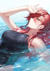 Rule 34 | 1girl, afloat, arm up, bare shoulders, blush, breasts, commentary request, hair between eyes, highres, large breasts, long hair, looking up, lying, maenoo, on back, one-piece swimsuit, original, partially submerged, red hair, solo, swimsuit, water, wet, yellow eyes