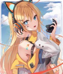 Rule 34 | 1girl, animal ears, blonde hair, blue eyes, blue sky, border, cat ears, cloud, facial tattoo, hair ornament, hairpin, headphones, highres, holding, jacket, long hair, long sleeves, looking at viewer, mask, mismatched pupils, off shoulder, open mouth, original, shoulder tattoo, sira (user dswn7488), sky, solo, tattoo, teeth, unworn mask, upper body, upper teeth only, white border, white jacket