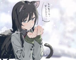 Rule 34 | 1girl, animal ear fluff, animal ears, black hair, breath, cat ears, cat girl, cat tail, coat, cold, collared shirt, cupping hands, green sweater, grey coat, grey eyes, hands up, long hair, looking at viewer, neck ribbon, open mouth, original, outdoors, own hands together, ribbon, shirt, solo, speech bubble, sweater, tail, teshima nari, translated, upper body