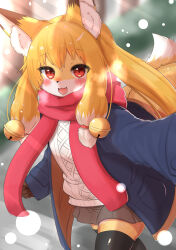 Rule 34 | 1girl, :3, animal ear fluff, animal ears, animal nose, arm up, bell, black thighhighs, blonde hair, blue coat, blurry, blurry background, blush, body fur, breath, brown fur, brown skirt, clenched hand, coat, cowboy shot, day, depth of field, dutch angle, fangs, female focus, fox ears, fox girl, fox tail, furry, furry female, hair bell, hair ornament, happy, highres, horokusa (korai), jingle bell, light rays, long hair, long sleeves, looking at viewer, miniskirt, multicolored fur, multicolored hair, multiple tails, nose blush, open clothes, open coat, open mouth, original, outdoors, outstretched arm, pleated skirt, pocket, red eyes, red scarf, scarf, selfie, sidelocks, skindentation, skirt, smile, snowing, solo, standing, sunlight, sweater, tail, thighhighs, two-tone hair, two tails, walking, white fur, white hair, white sweater, winter clothes, yellow fur, zettai ryouiki