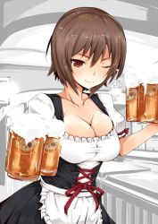 Rule 34 | 10s, 1girl, alcohol, alternate costume, animal print, apron, bad id, bad twitter id, bear print, beer, beer mug, black dress, boko (girls und panzer), breasts, brown eyes, brown hair, cleavage, closed mouth, commentary, corset, cup, dirndl, dress, frilled apron, frilled dress, frills, froth, german clothes, girls und panzer, hanchou (shirokun555), holding, holding cup, indoors, large breasts, looking at viewer, mug, nishizumi maho, one eye closed, partially colored, puffy short sleeves, puffy sleeves, short hair, short sleeves, smile, solo, standing, upper body, waist apron, white apron