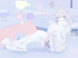 Rule 34 | 1girl, bandaid, bandaid on leg, bed, bed sheet, blush, bow, check copyright, copyright request, cup, cup ramen, dress, drinking glass, frilled hairband, frills, full body, grey eyes, grey hair, hair bow, hair ornament, hairband, hairclip, highres, huminsho, indoors, kotatsu, medium hair, muted color, on floor, original, pillow, sitting, sleeves past wrists, slippers, solo, star (symbol), stuffed animal, stuffed shark, stuffed toy, sweater, sweater dress, table, thigh strap, thighhighs, tissue box, trash can, twintails