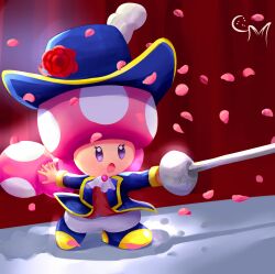 Rule 34 | 1girl, absurdres, aristocratic clothes, ascot, blue headwear, cookiemixtle, cosplay, eyelashes, fencing, flower, hat, hat feather, hat flower, highres, holding, holding sword, holding weapon, left-handed, mario (series), nintendo, open mouth, pants, petals, ponytail, princess peach: showtime!, purple eyes, rapier, red curtains, red flower, red rose, red vest, rose, rose petals, solo, sword, swordfighter peach, swordfighter peach (cosplay), toadette, vest, weapon, white ascot, white pants