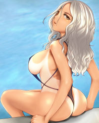 Rule 34 | 1girl, ass, bad id, bad pixiv id, breasts, brown eyes, from behind, ginji74, grey hair, hair over one eye, large breasts, lips, looking back, one-piece tan, original, parted lips, see-through, sideboob, sitting, slingshot swimsuit, solo, swimsuit, tan, tanline, thong tanline, white hair