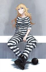 Rule 34 | 1girl, blonde hair, breasts, cuffs, female focus, long hair, prisoner, rwby, shoes, sitting, solo, yang xiao long