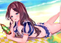 Rule 34 | 1girl, absurdres, alternate costume, ass, beach, bikini, blue bikini, blurry, blurry background, breasts, brown hair, collarbone, day, depth of field, fate/grand order, fate (series), forehead, green eyes, highres, holding, huge filesize, innertube, legs up, leonardo da vinci (fate), leonardo da vinci (fate/grand order), leonardo da vinci (rider) (fate), long hair, lying, on stomach, open mouth, outdoors, parted bangs, puff and slash sleeves, puffy short sleeves, puffy sleeves, sand, short sleeves, small breasts, smile, solo, star (symbol), suzuho hotaru, swim ring, swimsuit, thighs, third-party source, very long hair, water, water gun, wet