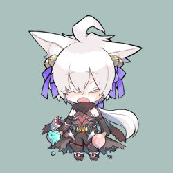 Rule 34 | 1boy, ahoge, animal ears, arm blade, bell, black cape, black gloves, black pants, black shirt, blush, bow, cape, chibi, closed eyes, commentary request, elbow gloves, fox ears, full body, gloves, grey background, guillotine cross (ragnarok online), hair bell, hair bow, hair ornament, holding food, holding ice cream, ice cream, ice cream cone, jingle bell, kusabi (aighe), long hair, low ponytail, male focus, official alternate costume, open mouth, pants, purple bow, ragnarok online, scarf, shirt, simple background, sleeveless, sleeveless shirt, solo, standing, torn cape, torn clothes, torn scarf, waist cape, weapon, white hair