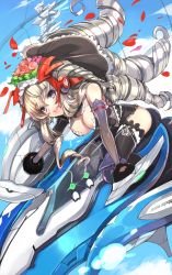 Rule 34 | 1girl, ass, bad id, bad pixiv id, bare shoulders, black thighhighs, blue eyes, breasts, cleavage, cloud, cockpit, drill hair, driving, elbow gloves, flower, gloves, hair flower, hair ornament, headgear, izuru (timbermetal), lace, long hair, machinery, mecha, open mouth, original, outstretched arms, patterned, petals, piloting, pink flower, pink rose, red flower, red rose, robot, rose, silver hair, sitting, sky, smile, solo, strap, thighhighs, tight clothes