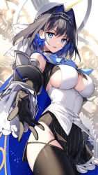 Rule 34 | 1girl, absurdres, black gloves, black hair, black skirt, black thighhighs, blouse, blue bow, blue hair, bow, bow earrings, breasts, chain, chain headband, colored inner hair, commentary, detached sleeves, earrings, gloves, hair intakes, halo, has bad revision, has downscaled revision, head chain, highres, hololive, hololive english, jewelry, large breasts, long sleeves, looking at viewer, md5 mismatch, mechanical halo, multicolored hair, nardack, ouro kronii, parted lips, reaching, reaching towards viewer, resolution mismatch, shirt, sideboob, skirt, solo, source smaller, striped clothes, striped skirt, thighhighs, vertical-striped clothes, vertical-striped skirt, virtual youtuber, white shirt