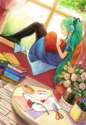 Rule 34 | 1girl, black pantyhose, book, cellphone charm, charm (object), day, dress, dutch angle, envelope, closed eyes, flower, from side, green hair, hatsune miku, headphones, indoors, long hair, pantyhose, rebecca 7478, sitting, solo, spring onion, very long hair, vocaloid, window, wooden floor