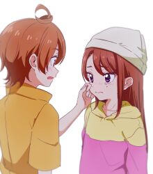 Rule 34 | 1boy, 1girl, aged down, ahoge, arms at sides, ayame iro (toumei dolce), beanie, blush, brown hair, closed mouth, collarbone, collared shirt, dot nose, eye contact, from side, grey headwear, hair between eyes, hat, highres, hijiri ageha, hirogaru sky! precure, hood, hood down, hoodie, long hair, long sleeves, looking at another, nose blush, open mouth, orange hair, orange shirt, parted bangs, pink hoodie, precure, rubbing eyes, shirt, short hair, short sleeves, sidelocks, simple background, sweatdrop, tearing up, two-tone hoodie, upper body, wavy mouth, white background, yellow hoodie, yuunagi tsubasa