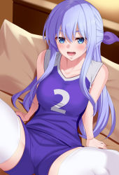 Rule 34 | 1girl, arm support, bare shoulders, blue eyes, blue hair, blue shirt, blue shorts, blurry, blurry background, blush, bow, breasts, collarbone, couch, hair between eyes, hair bow, huyumitsu, indoors, large breasts, long hair, looking at viewer, on couch, open mouth, original, pillow, purple bow, shirt, short shorts, shorts, sidelocks, sitting, sleeveless, sleeveless shirt, smile, solo, sportswear, spread legs, thighhighs, very long hair, volleyball uniform, white thighhighs