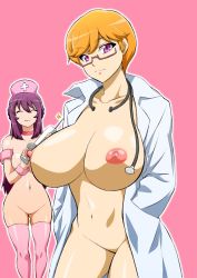 Rule 34 | 2girls, blonde hair, breasts, doctor, glasses, hokuto (tokuho), huge breasts, multiple girls, nipples, nurse, purple eyes, purple hair, smile