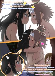 Rule 34 | 00s, 3girls, :&lt;, akiyama mio, bad id, bare shoulders, blush, breasts, closed eyes, embarrassed, eye contact, female focus, hard-translated, heart, highres, hirasawa yui, hug, imminent kiss, k-on!, looking at another, multiple girls, nipples, o o, open mouth, panties, shy, skirt, smile, striped clothes, striped panties, surprised, sweat, tainaka ritsu, third-party edit, topless, translated, underwear, ushisuke