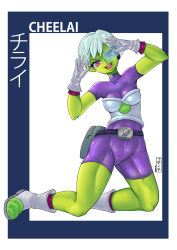 Rule 34 | 1girl, absurdres, armor, belt, bodysuit, boots, breastplate, breasts, character name, cheelai, collarbone, colored skin, dragon ball, dragon ball super, dragon ball super broly, full body, gloves, godichi, green-tinted eyewear, green skin, highres, kneeling, looking at viewer, medium breasts, purple eyes, scouter, short hair, short sleeves, silver hair, solo, tinted eyewear, white gloves