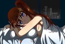 Rule 34 | 1girl, bed, blanket, blue eyes, blush, breasts, brown hair, closed mouth, indoors, kunisaki-air, large breasts, long hair, looking at viewer, looking to the side, lying, lyrical nanoha, mahou shoujo lyrical nanoha strikers, night, no bra, on stomach, pillow, ponytail, raising heart, raising heart (standby mode), shiny skin, side ponytail, sideboob, skyline, smile, solo, takamachi nanoha, upper body, window