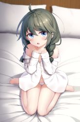 Rule 34 | 1girl, bed, bed sheet, bedroom, blue eyes, blush, braid, cementite, collarbone, dot nose, eyebrows, hair between eyes, highres, indoors, long sleeves, looking at viewer, looking up, messy hair, navel, no bra, open mouth, oversized clothes, panties, pillow, princess connect!, shirt, sitting, solo, twin braids, underwear, wariza, white panties, white shirt, yuni (real) (princess connect!)