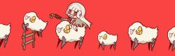 Rule 34 | 1girl, absurdres, altera (fate), altera the santa (fate), chibi, commentary request, fake facial hair, fake mustache, fate/grand order, fate (series), fence, highres, jumping, nuu (nu-nyu), red background, red eyes, riding, sheep, silver hair, simple background, veil