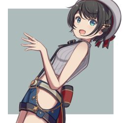 Rule 34 | 1girl, :d, back bow, black hair, blouse, blue eyes, blue shorts, bow, bowtie, clothing cutout, crop top, cropped sweater, grey hat, grey shirt, grey sweater, hair ornament, hat, hip vent, hololive, looking at viewer, oozora subaru, oozora subaru (work), open mouth, shirt, short hair, shorts, side cutout, sleeveless, sleeveless shirt, sleeveless sweater, smile, solo, striped clothes, striped shirt, suspender shorts, suspenders, sweater, vertical-striped clothes, vertical-striped shirt, virtual youtuber, yomogi uehara