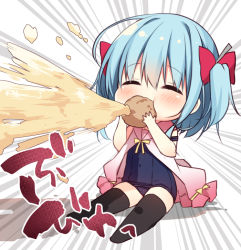 Rule 34 | 1girl, ^ ^, black thighhighs, blue hair, blue one-piece swimsuit, blush, bow, chibi, closed eyes, commentary request, covered navel, cream puff, dress, eating, emphasis lines, food, hair between eyes, hair bow, hanamiya natsuka, holding, holding food, no shoes, old school swimsuit, one-piece swimsuit, open clothes, open dress, original, pink dress, red bow, school swimsuit, sitting, sleeveless, sleeveless dress, solo, swimsuit, thighhighs, two side up, yellow bow