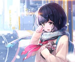 Rule 34 | 1girl, bag, black hair, blush, commentary request, crying, gift, gift wrapping, hair between eyes, highres, holding, kagawa ichigo, lamppost, long sleeves, open mouth, original, outdoors, red neckwear, ribbon, road, sailor collar, scarf, school bag, short hair, shoulder bag, sign, snowing, solo, standing, sweater, tears, upper body, valentine, winter clothes, yellow eyes