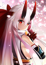 Rule 34 | 1girl, absurdres, armor, bare shoulders, breasts, commentary request, fate/grand order, fate (series), gloves, hair between eyes, hair ribbon, headband, highres, horns, japanese armor, japanese clothes, liu liu, long hair, looking at viewer, looking back, medium breasts, oni horns, red eyes, ribbon, sideboob, silver hair, smile, solo, tomoe gozen (fate)