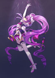 Rule 34 | 1girl, aisha landar, anklet, arm up, boots, elsword, floating hair, from side, full body, highres, jewelry, jumpsuit, long hair, looking up, open mouth, profile, purple hair, sasa (sa1008va), short jumpsuit, solo, thigh boots, twintails, very long hair, white footwear, white jumpsuit